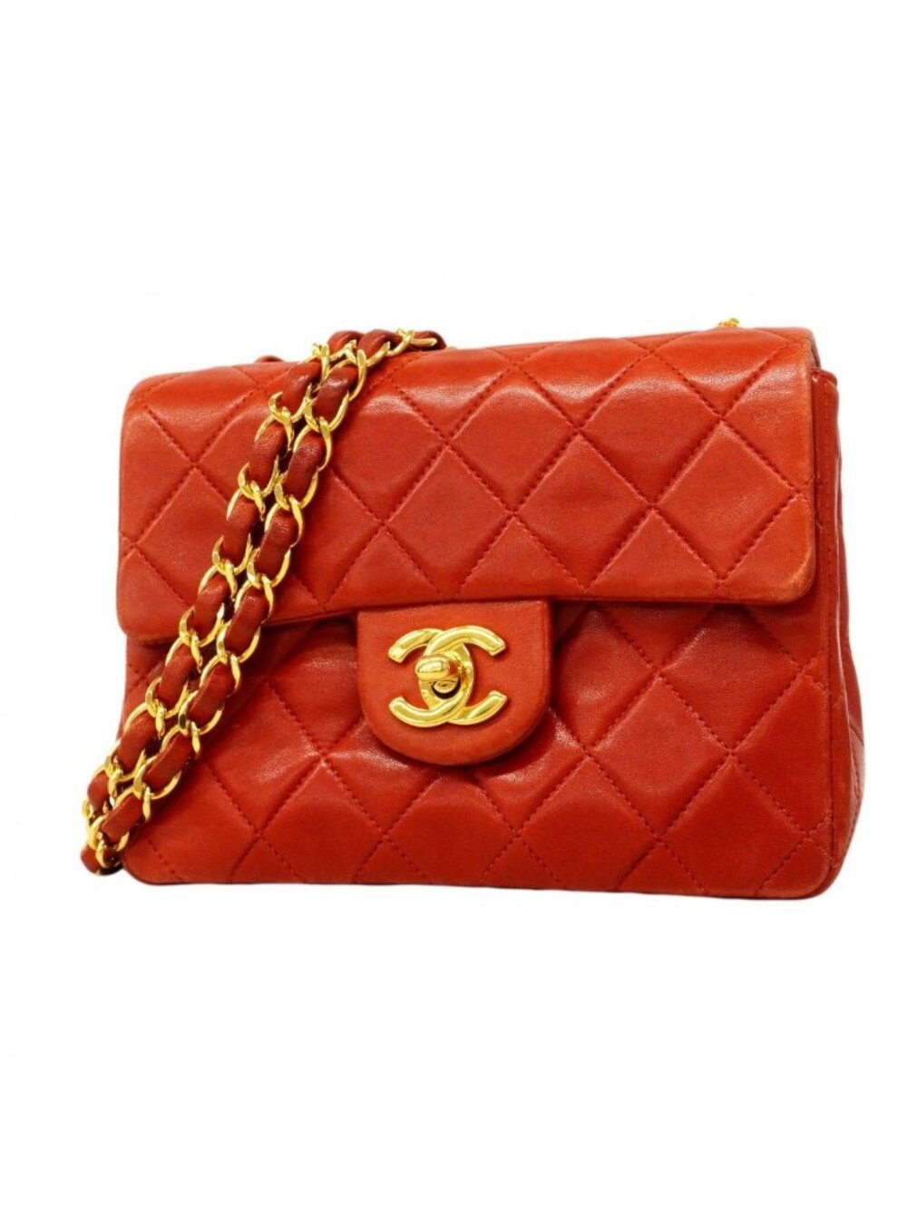 Chanel Shoulder Bag Mini Quilted Lambskin Red Gold